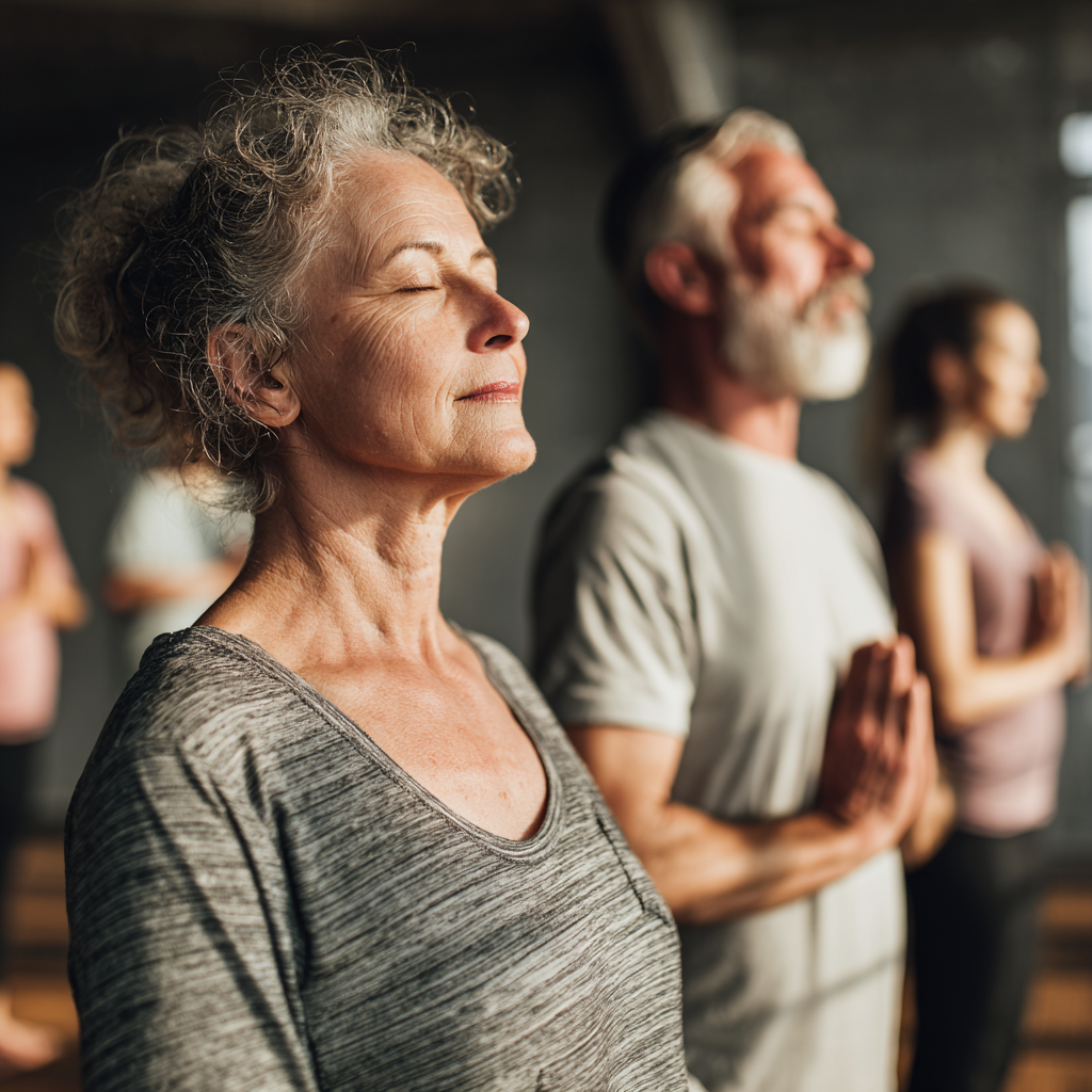 Middle-aged adults practicing gentle yoga movements in natural lighting